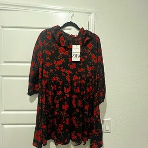 Zara Black and Red Floral Mini Dress